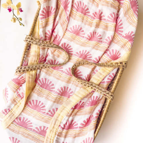 Pink Sun + Wave Blanket | Organic Bamboo Muslin | Ocean Nursery Decor – Coca + B.