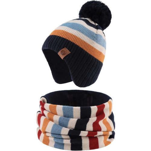 Knitted Baby Hat Scarf Set Winter Warm Boys Girls Beanie Fleece Lining Toddler Kids Hats with Pompom