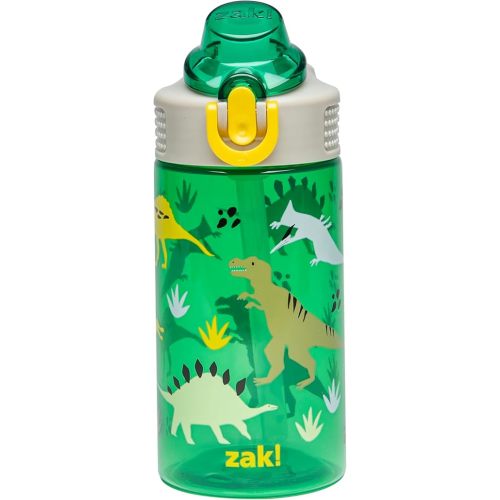 Zak Designs Sage Kids Water Bottle For School, Travel or At Home, 16oz Durable Plastic Water Bottle With Straw, Handle, and Leak-Proof, Pop-Up Spout Cover (Dino)