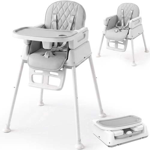 Ferhtm 3-in-1 Convertible Baby High Chair, Compact Pack-Away Toddler Feeding Seat with Built-in Leg Storage, Grey