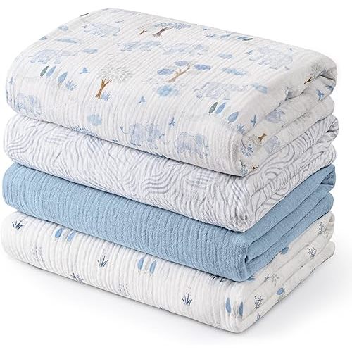 GLLQUEN BABY Muslin Swaddle Blankets,4-Pack Receiving Blanket for Newborn Boys and Girls,Baby Swaddle Blanket Unisex,Elephant Print,Baby Essentials,Bounce in the Blue, 40 x 38 inches
