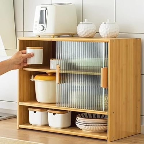 Bamboo Countertop Storage Cabinet with 2 Sliding Striped Glass Doors, Kitchen Cabinet Pantry Sideboard Freestanding Utility Cupboard for Spice Seasoning Bottles, Dish, Bowl (Wood Color)