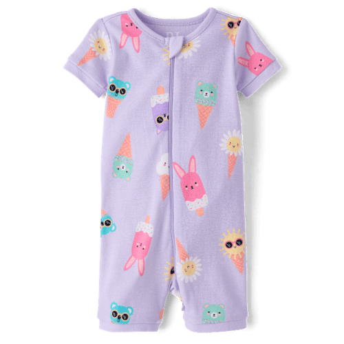 Baby And Toddler Girls Ice Cream Cone Snug Fit Cotton Cropped One Piece Pajamas - Purple