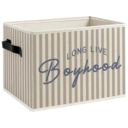 Neutral Striped Boy Nursery Foldable Storage Bins Box with Handles, Long Live Boyhood Decorative Storage Boxes Baskets Toybox Organizer for Kids Boy Nursery Room Bedroom Playroom