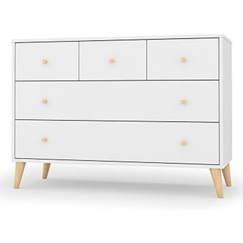 dadada Austin 5-Drawer Dresser for Nursery and Bedroom - Modern Design, Large Storage, Baby-Safe Finish, Anti-Tip Safety, Solid Wood Feet, Durable Construction (White+Natural)