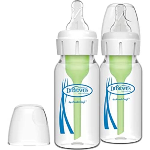 Dr. Brown’s Natural Flow® Anti-Colic Options+™ Narrow Glass Baby Bottles 4 oz/120 mL, with Level 1 Slow Flow Nipple, 2 Pack, 0m+
