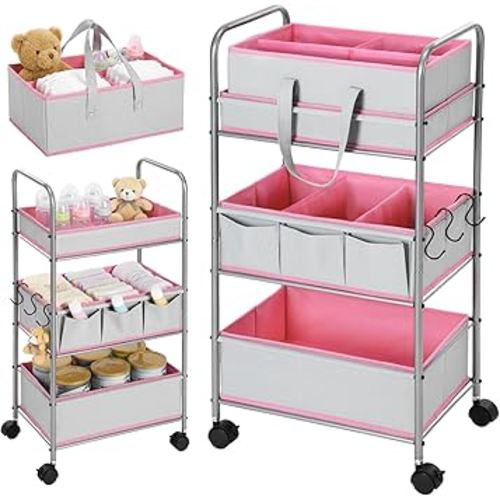 2in1 Colorful Baby Diaper Caddy Organizer Cart 3 Tier Large Capacity Metal Utility Bedside Rolling Cart with Divider for Newborn Nursery Essential Must Have Crib Bedroom Baby Shower(Pink)