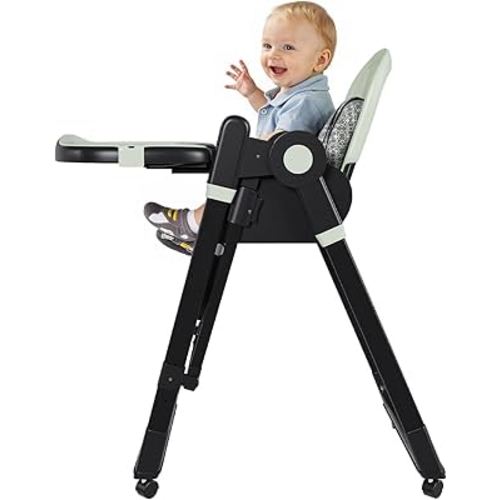Convertible Baby High Chair to Rocker (2-in-1), Foldable Infant Feeding Chair with 5-Point Harness, Removable 2-Tier Easy-Clean Tray, Adjustable Height & Silent Wheels for 6M-3Yrs, (Dark Green)