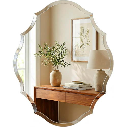 22"x28" Frameless Scalloped Oval Mirror, Vintage Shield Vanity Mirror with Solid Backing, Vertical or Horizontal Hang, Beveled Edge Wall Mirror for Powder Room & Entryway