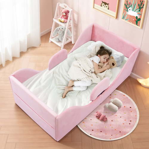 Toddler Bed, Toddler Floor Bed – Low-to-Ground Design with Detachable Guard Rails, Soft Upholstered Transition Bed, Standard Crib Size for kids Ages 1–6 (Pink)