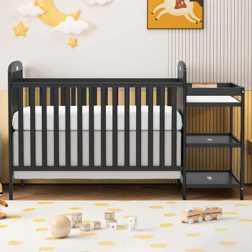 SESSLIFE 3-in-1 Convertible Crib and Changer, Crib and Changing Table, Converts to Toddler Bed, Daybed and Full-Size Bed, Easy Assembly, 3 Adjustable Heights, Black