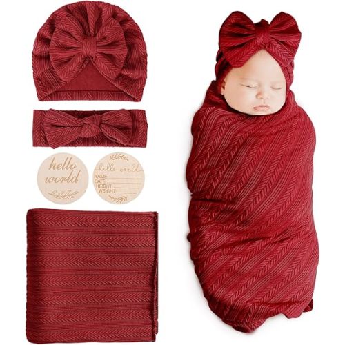 DRESHOW BQUBO Baby Swaddle Blankets for Girls, 4PCS Newborn Accessories Set with Matching Hat and Bow Headband with Hello World Wooden Birth Announcement Card