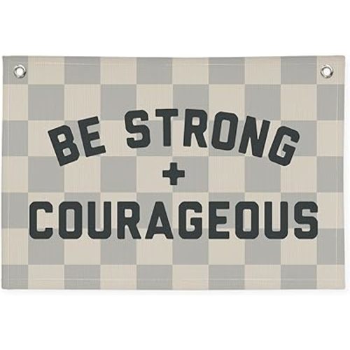 Motivational Quotes Boys Room Decor，Be Strong Courageous Bibie Joshua 1:9 Playroom Decor Linen Canvas Banner,Vintage Checkered Wall Hanging Flag Decor for Kids Toddler Room 30x20 bestrong