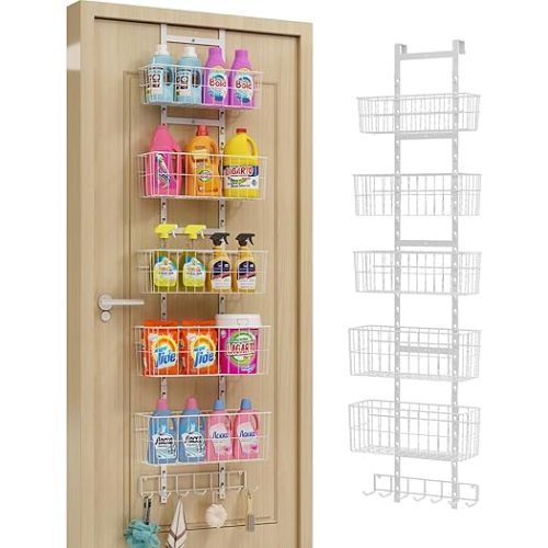 Adjustable Over The Door Organizer, Metal Hanging Door Organizer with 5 Wire Basket 7 Hooks, Wall Mounted Shelf for Pantry Closet Organization and Storage, White