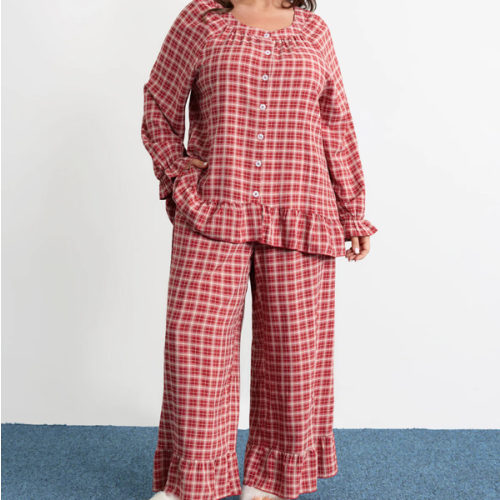 Gingham Print Ruffled Hem Co-Ord Pajama Set, Style: Crimson, size X2