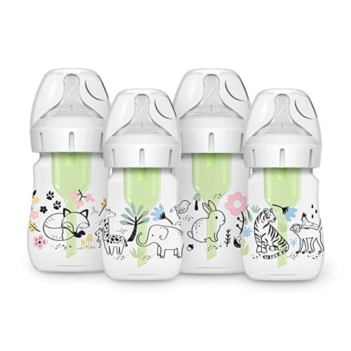 Dr. Brown's Anti-Colic Options + Wide-Neck Baby Bottle Designer Edition, Woodland + Jungle, 5 oz/150 mL, Level 1 Slow Flow Nipple, 0m+, 4-Pack