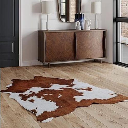 NativeSkins Faux Cowhide Rug – Brown and White (Oversized) | 6'3" x 8'2" | Cow Print | Western Bedroom Decor | Hand-Cut, Faux Suede No-Slip Backing | Western Rug | Animal Print | Cow Hide