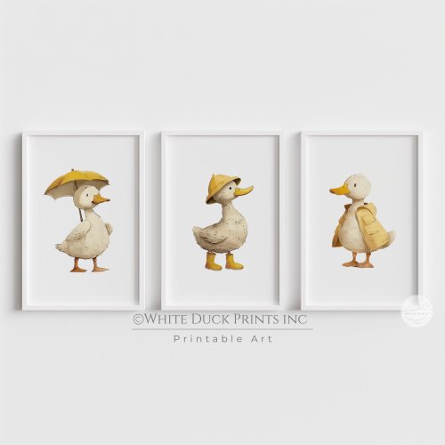 Set of 3 Duck Nursery Wall Art | Yellow Nursery Decor | Gender Neutral Duck Prints | White Duck Printable Art | Kids Room Wall Art