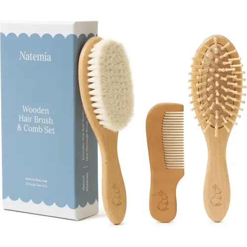 Natemia Wooden Baby Hair Brush & Comb Set - Natural Goat Hair Bristles & Soft Bristle Brush - Gentle Scalp Massage & Cradle Cap Comb - For Newborns & Toddlers, Baby Grooming Kit