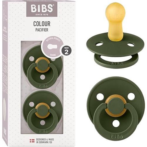 BIBS Pacifiers Colour Collection | Natural Rubber Baby Pacifier | Round Nipple | Set of 2 BPA-Free Soothers | Made in Denmark | 6+ Months (Pack of 2) | Hunter Green