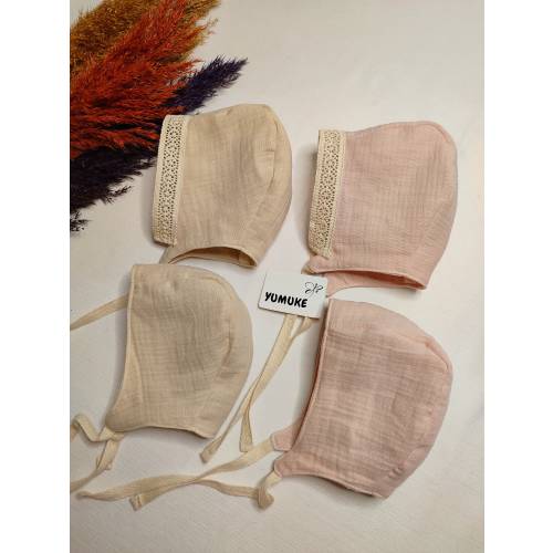 Muslin Baby Bonnet - Unisex Newborn Hat with Lace Trim - Handmade Infant Headwear, Perfect Baby Shower Gift