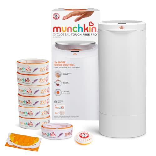 Munchkin CycloSeal Touch Free Pro Diaper Pail Set Powered by Arm & Hammer | Motion Activated Lid | Patented Odor Locking System | No Push Baby Diaper Disposal