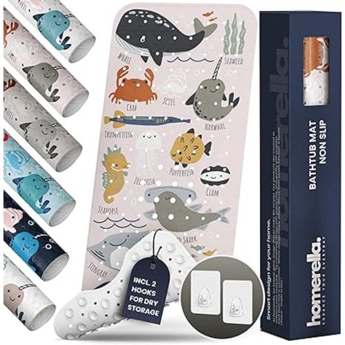 Bath Tub Mat Non Slip Anti Mold for Kids BPA Free INCL Hooks - homerella® Ocean Sea Animals 40x16, Baby Bath Mat Non Slip 200 Suction Cups, Non Toxic Machine Washable Toddler Bath Mat, EU Certified
