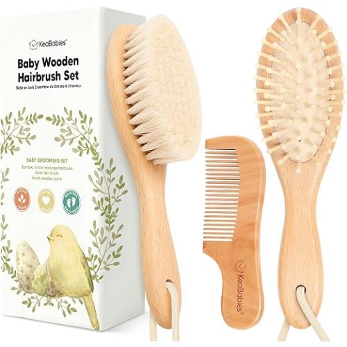Baby Hair Brush and Comb Set for Newborn - Wooden Baby Hair Brush Set with Soft Goat Bristle, Baby Brush Set for Newborns, Baby Brush and Comb Set Girl, Boy, Toddler Cradle Cap Brush (Oval, Walnut)