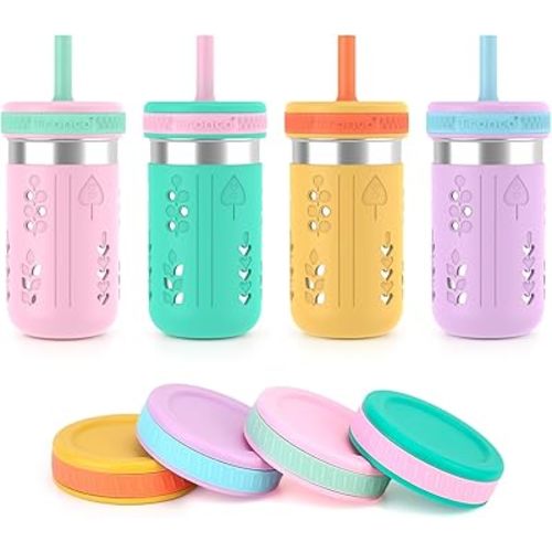Tronco 4 Pack 15oz 2-in-1 Stainless Steel Kids Tumbler Cups with Silicone Sleeves, Spill-Resistant Flexible Straws & Storage Lids, BPA-Free Smoothie and Snack Cups, Dishwasher Safe