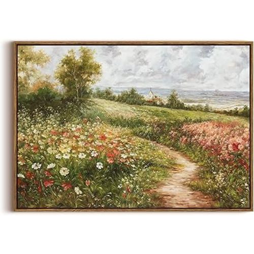 KISSFOX Vintage Landscape Framed Wall Art Spring Rustic Pathway Flower Field Canvas Art Natural Countryside Paintings Artwork Farmhouse Art Prints For Bedroom Bathroom Living Room