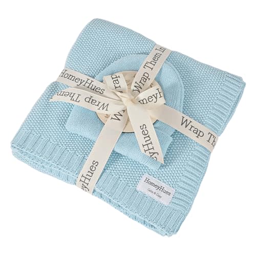 Newborn Baby Gift Set, Cotton Knit Blanket & Matching Beanie for Boys Girls | 100% Cotton Comfort | Boutique Gift Ready | Breathable Knit | 30x40 Inch Blanket | 0-6 Months Fit | Easy Care