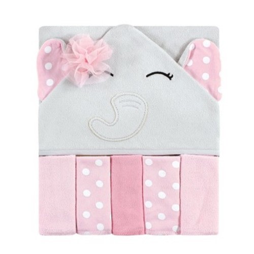 Hudson Baby Infant Girls Hooded Towel and Five Washcloths, White Dots Pretty Elephants, One Size