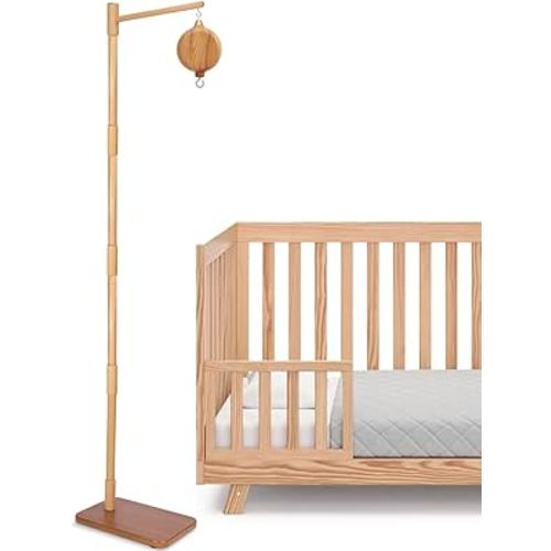 Floor-Standing Crib Mobile Arm with Music Box - 65 Inch Mobile Arm for Crib - 100% Beech Wood - Crib Mobile Motor - Volume Control - 35 Lullabies - Wooden Nursery Decor - Baby Mobile Hanger