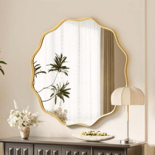 AUROMIR 24" Wavy Round Bathroom Mirror Wall Mounted Mirror Vanity Mirror with Metal Frame, Gold