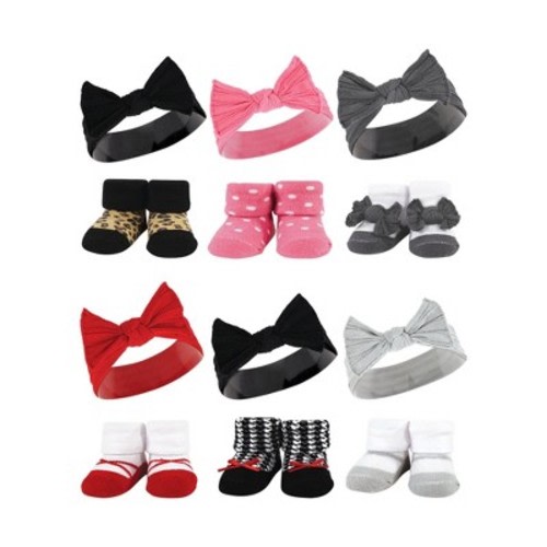Hudson Baby Infant Girl 12Pc Headband and Socks Giftset, Black Wild Rose Leopard Red Houndstooth Bows, One Size