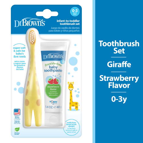 Dr. Brown's 0-3 Years Infant to Toddler Set, Giraffe Toothbrush + Strawberry Toothpaste
