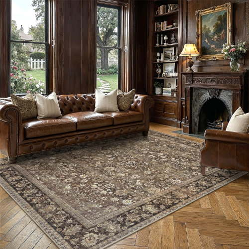 BERTHMEER 8'x10' Large Brown Area Rugs Vintage Oriental Traditional Rugs for Living Room Bedroom Dining Room Farmhouse Machine Washable Non-slip