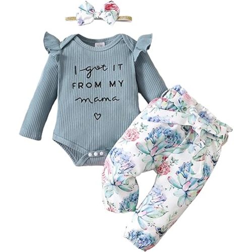 OLLUISNEO Baby Girl Clothes Newborn Infant Fall Outfit Romper Winter Floral Pant Set Headband 3 Pcs Clothes for Girl