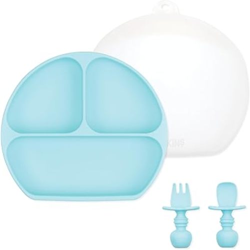Bumkins - Silicone Grip Dish 3-Section, Training Chewtensils & Lid - For Ages 6 Months+ - Suction Base - 100% Food-Safe Silicone - Oven, Microwave, Freezer, & Dishwasher Safe - Blue