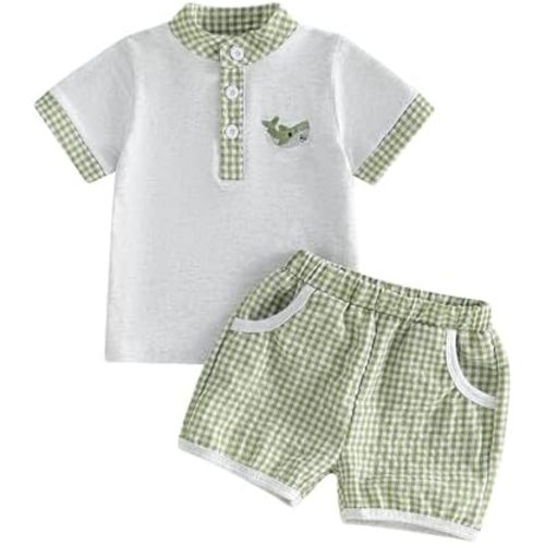 Madjtlqy Toddler Baby Boy Summer Outfit Short Sleeve Embroidered Printed Button Down T-shirt Shorts Set 2Pcs Infant Clothes