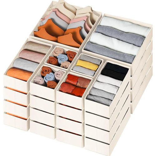 Criusia Drawer Organizer Clothes, 24 Pack Dresser Organizer Bins for Nursery Bedroom, Closet Organization and Storage Dividers for Clothing, Baby Clothes, Underwears, Socks (Beige)