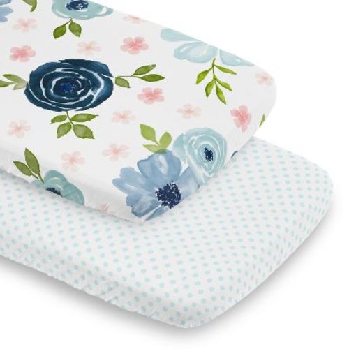 Sweet Jojo Designs Girl Baby Bassinet Fitted Sheets Set Watercolor Floral Blue Pink and Green 2pc