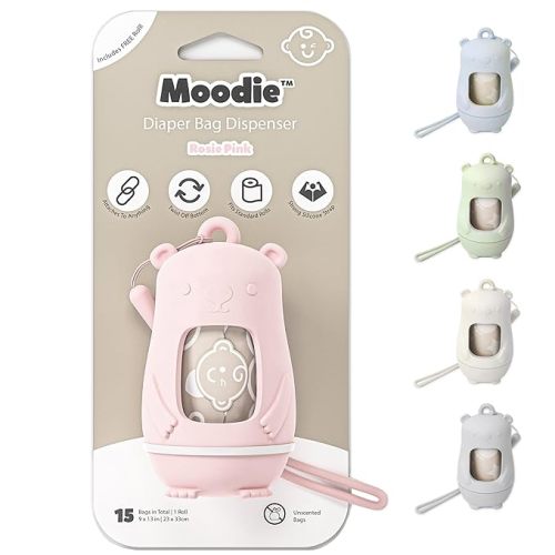 Moodie Teddy Bear Dispenser | Diaper Trash Bags on the Go Dispenser w/Silicon Strap | 15 UNSCENTED Baby Poop Bags per Roll | Dirty Diaper Bag Dispenser Disposable | Diaper Waste Bags (PINK)