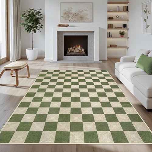Washable Green Checkered Rug 5x7, Non-Slip Low Pile Area Rug for Living Room, Bedroom, Nursery, Modern Neutral Farmhouse Checkerboard Carpet, Pet & Kid Friendly
