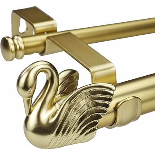 1-1/8 Inch Diameter Brushed Gold Curtain Rods with Swan Finial, 36-72'' Telescoping Double Curtain Rods for window width 24-68 inch, 1 pack
