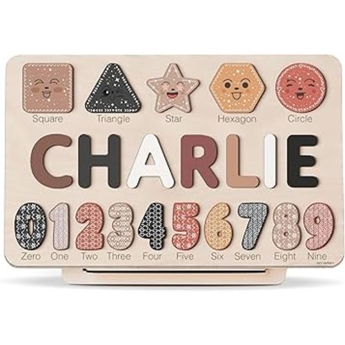 Personalized Wooden Name Puzzle with Numbers and Shapes, Custom Gift for Baby, 1st, Newborn Gift, Baby Shower, 1st Birthday, Educational Toys for Toddlers, Preschool Puzzle for Kids