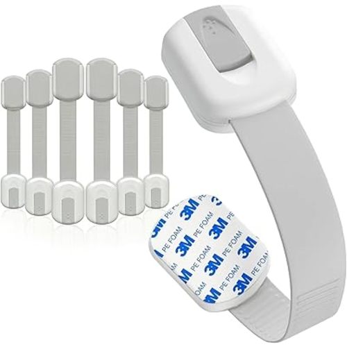 6 pcs Multi-Use Adhesive Straps Locks No tools and drilling - Childproofing Baby Proofing Cabinet Latches for Drawers, Doors, Toilet Seat, Dishwasher, Cupboard, Fridge, Oven,Trash Can