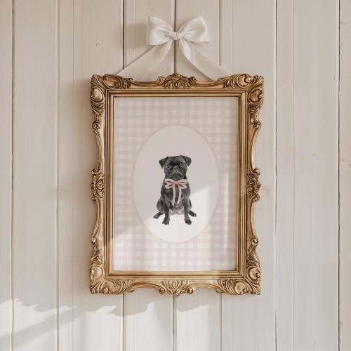 Black Pug Nursery Decor, Watercolor Dog Nursery Print, Baby Girl Nursery, Girl Room Pink Gingham Coquette Pink Bow Art, Dog Theme Nursery