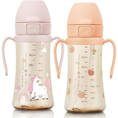 GROSMIMI Flip Top Spill Proof Sippy Cup, PPSU, BPA Free, 10 oz, Stage 2 Straw for Toddlers, 2-pack (Peach Flower & Unicorn)