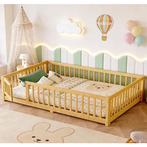 Bellemave Full Size Montessori Floor Bed with Rails, Pine,Montessori Floor Bedwith slats and a Small Door, Natural